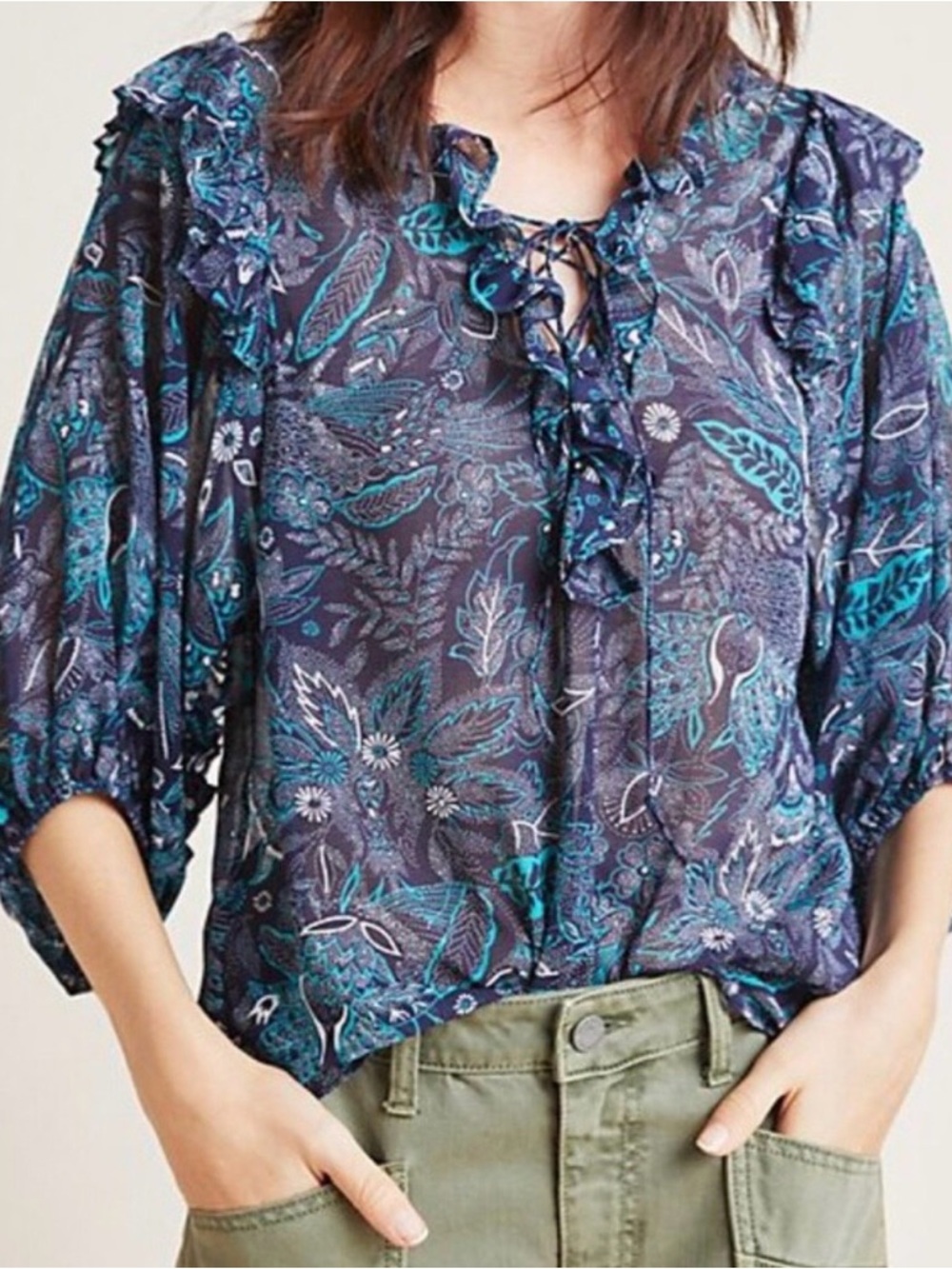 Anthropologie Navy and Teal Lace-Up Floral Peasant Blouse